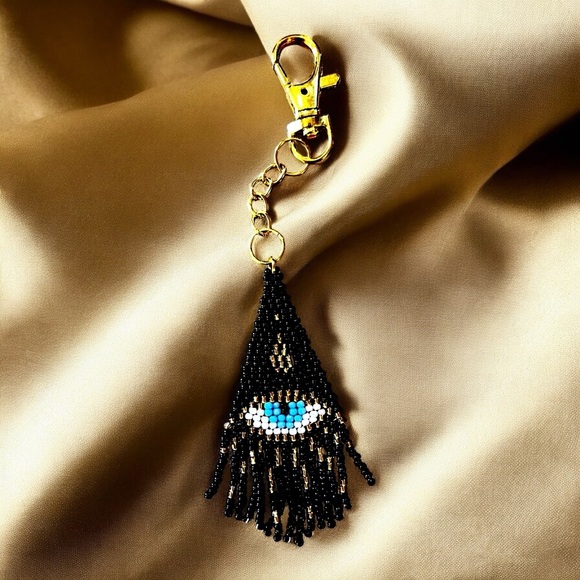 Evil Eye Bag Charm with Hand Beaded Glass Seed Beads and Gold Toned Clasp - Picture 15 of 17